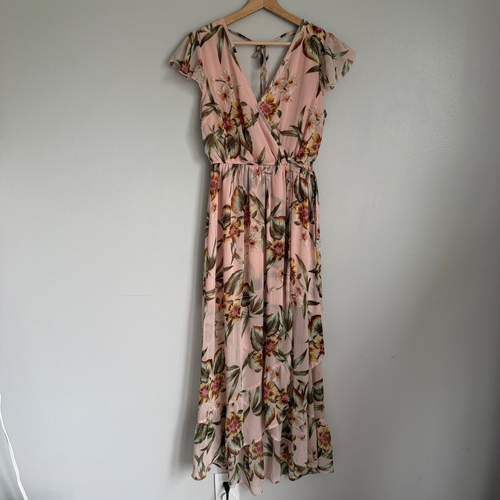 Band of Gypsies Pink Floral Maxi Dress Flutter Sleeve Wrap V-Neck Boho‎ Medium